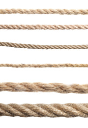 Set of hemp ropes on white background