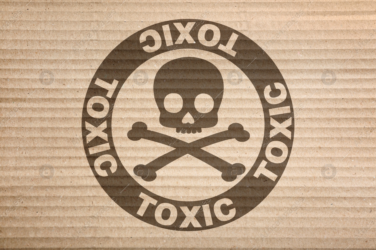 Image of Hazard warning sign (skull-and-crossbones symbol and word TOXIC) on cardboard, top view