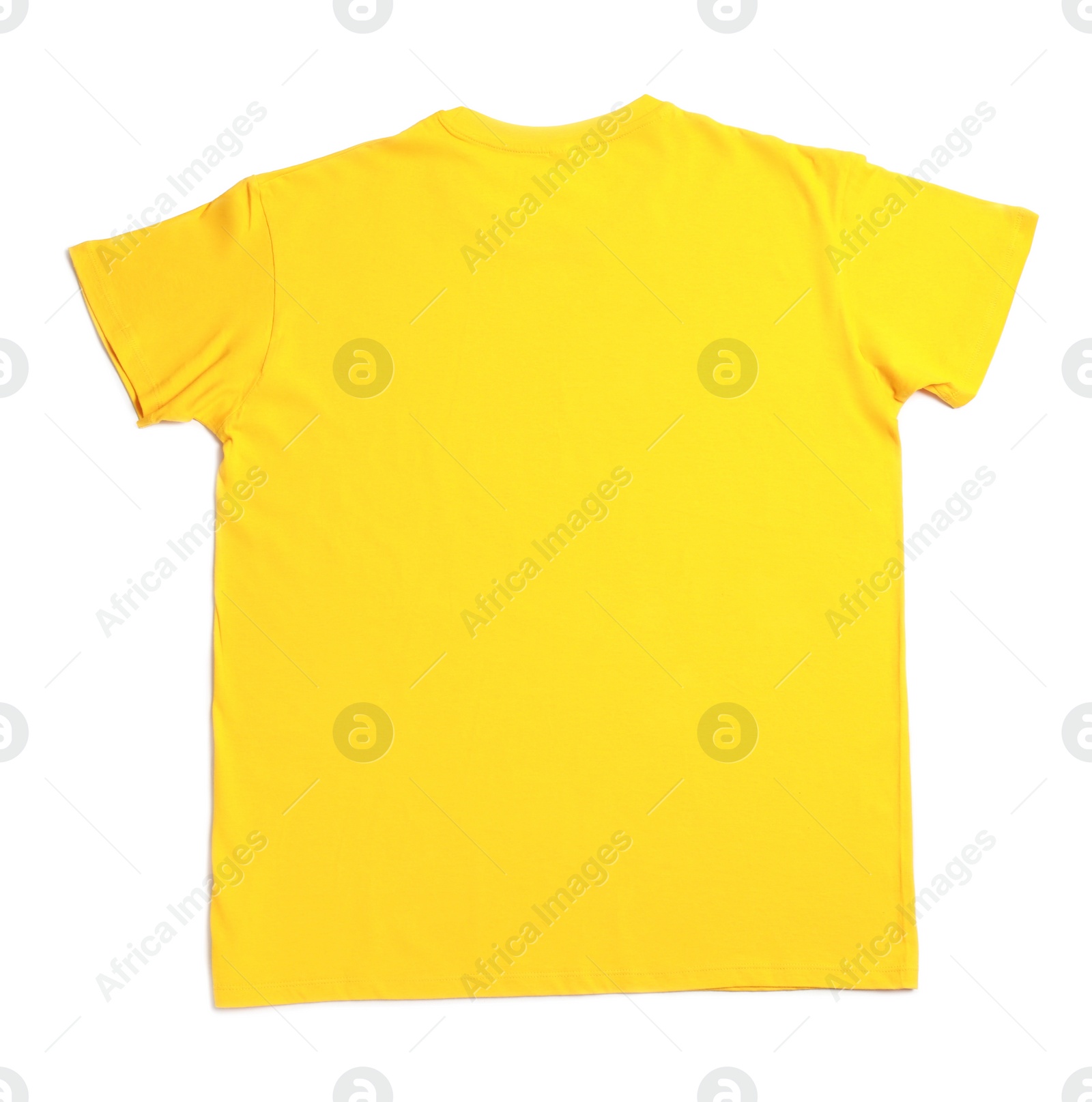 Photo of Yellow t-shirt isolated on white, top view. Mockup for design