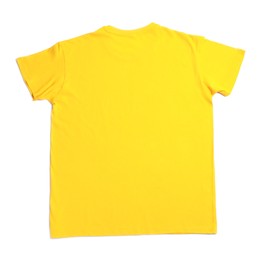Photo of Yellow t-shirt isolated on white, top view. Mockup for design