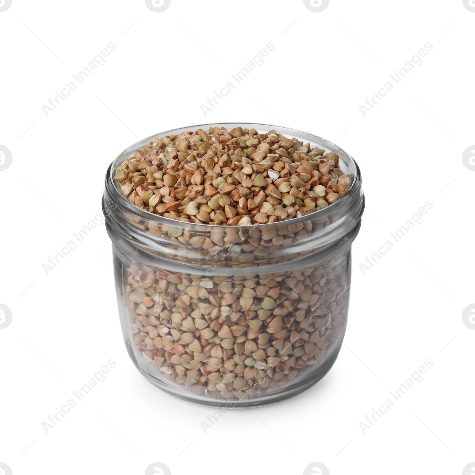 Photo of Organic green buckwheat in glass jar isolated on white