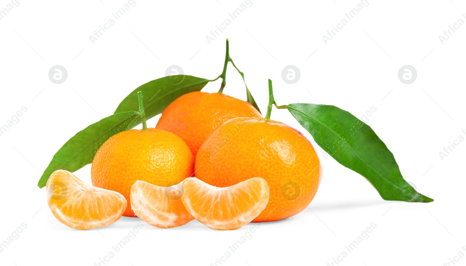 Photo of Fresh ripe tangerines with leaves isolated on white. Citrus fruit