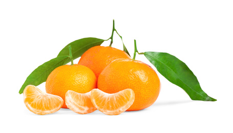 Photo of Fresh ripe tangerines with leaves isolated on white. Citrus fruit