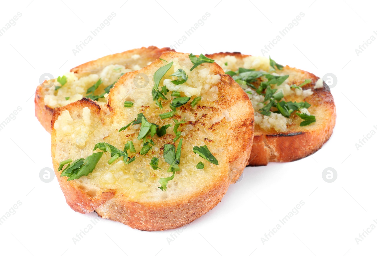 Photo of Slices of toasted bread with garlic and herb on white background