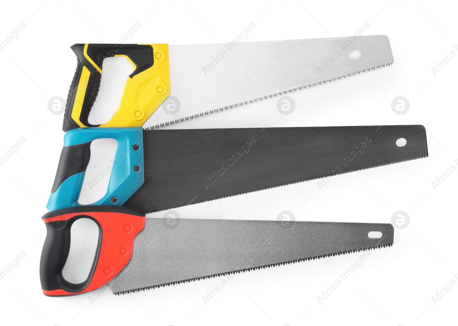 Photo of Saws with colorful handles isolated on white, top view