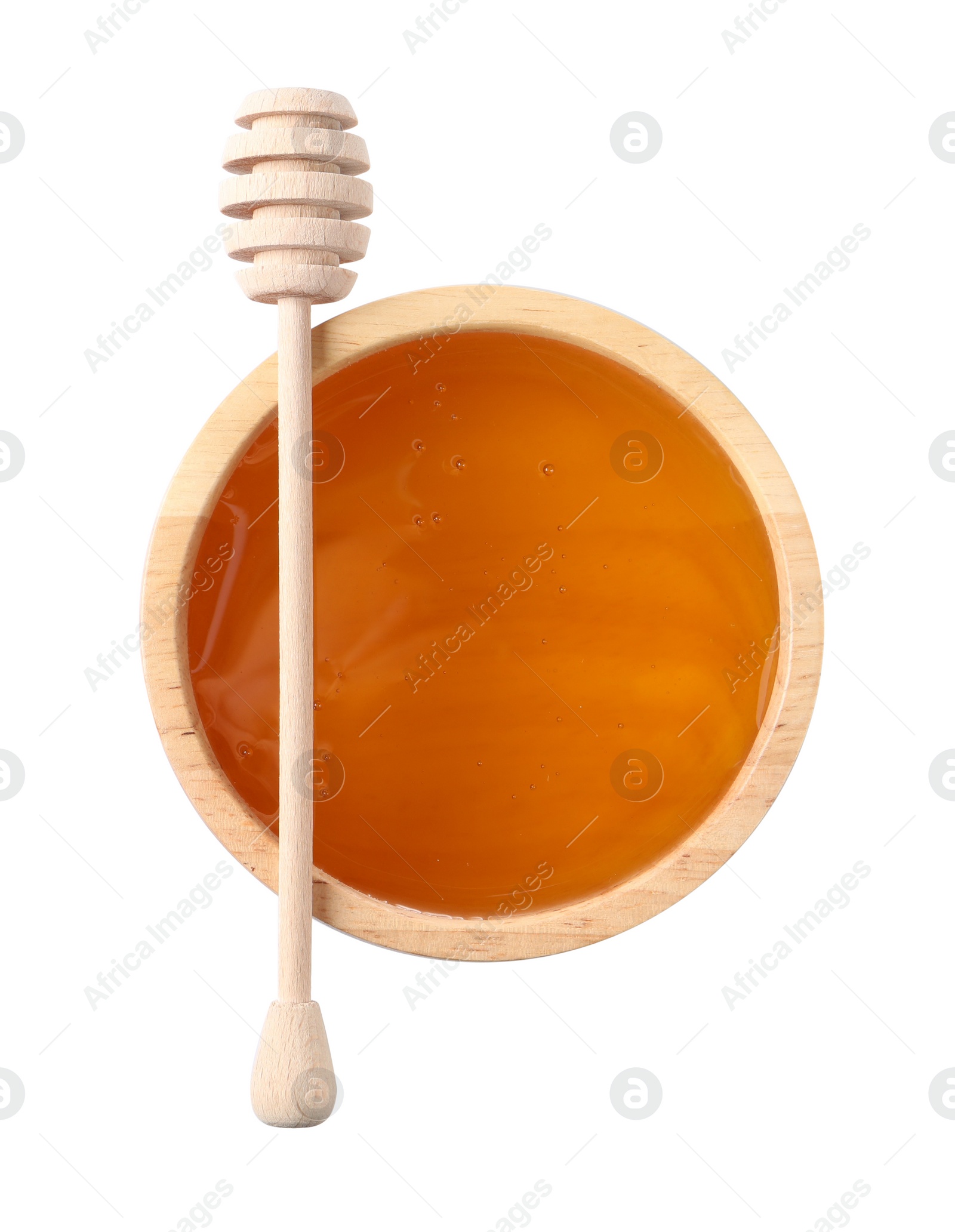 Photo of Tasty honey in bowl and dipper isolated on white, top view