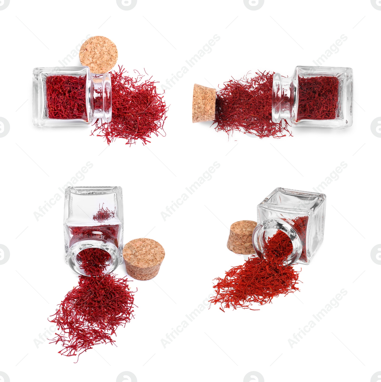 Image of Aromatic saffron and glass jars isolated on white, top and side views