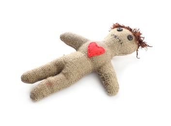 Photo of Voodoo doll with red heart isolated on white
