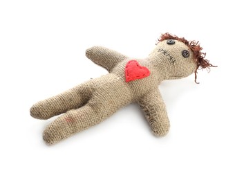 Voodoo doll with red heart isolated on white