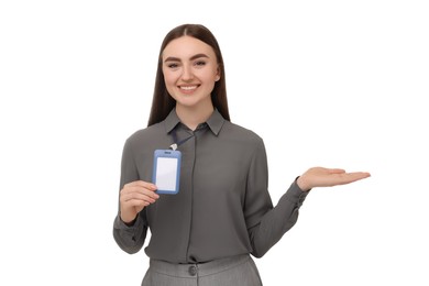 Photo of Happy woman with blank badge on white background