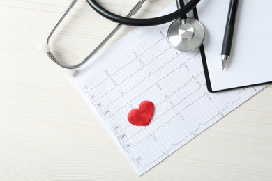 Photo of Flat lay composition with cardiogram report and stethoscope on white wooden background