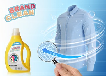 Image of Liquid laundry detergent advertisement design. Woman looking through magnifying glass at shirt, closeup