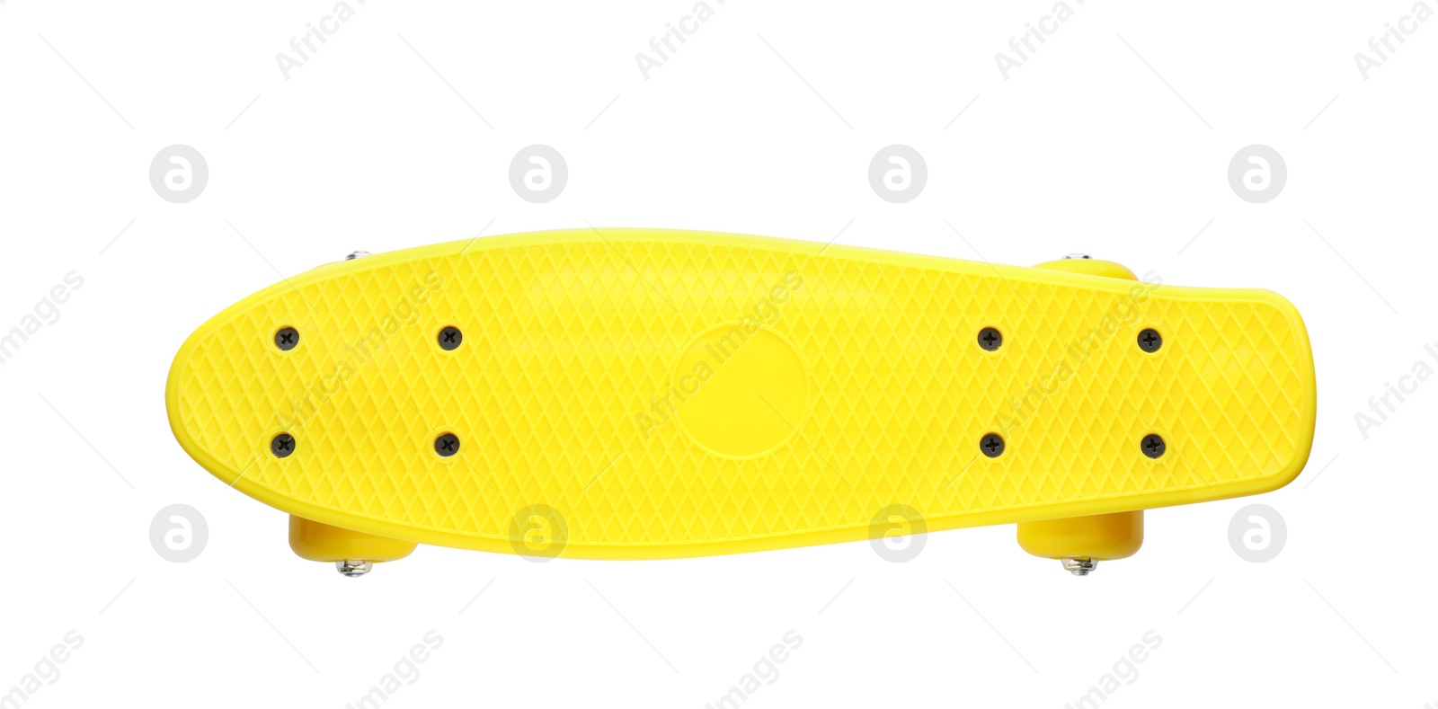 Photo of Yellow skateboard isolated on white, top view. Sport equipment