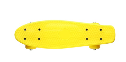 Yellow skateboard isolated on white, top view. Sport equipment