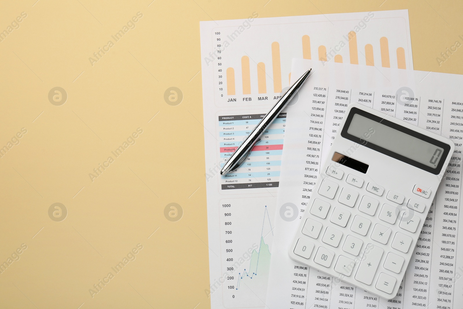 Photo of Accounting documents, calculator and pen on beige background, top view. Space for text