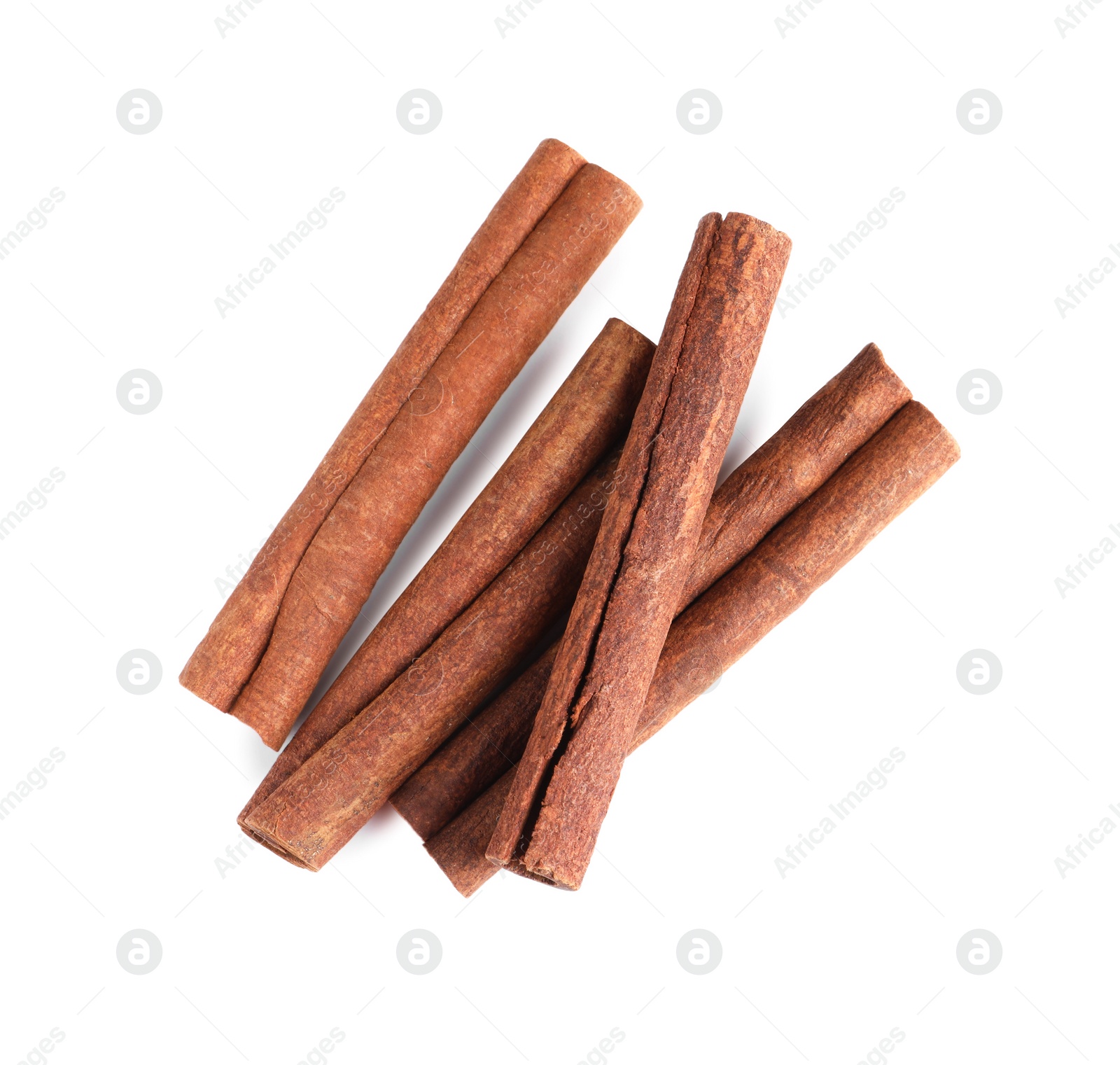 Photo of Cinnamon sticks isolated on white, top view