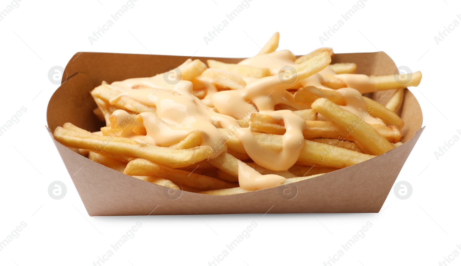 Photo of Delicious French fries with cheese sauce isolated on white