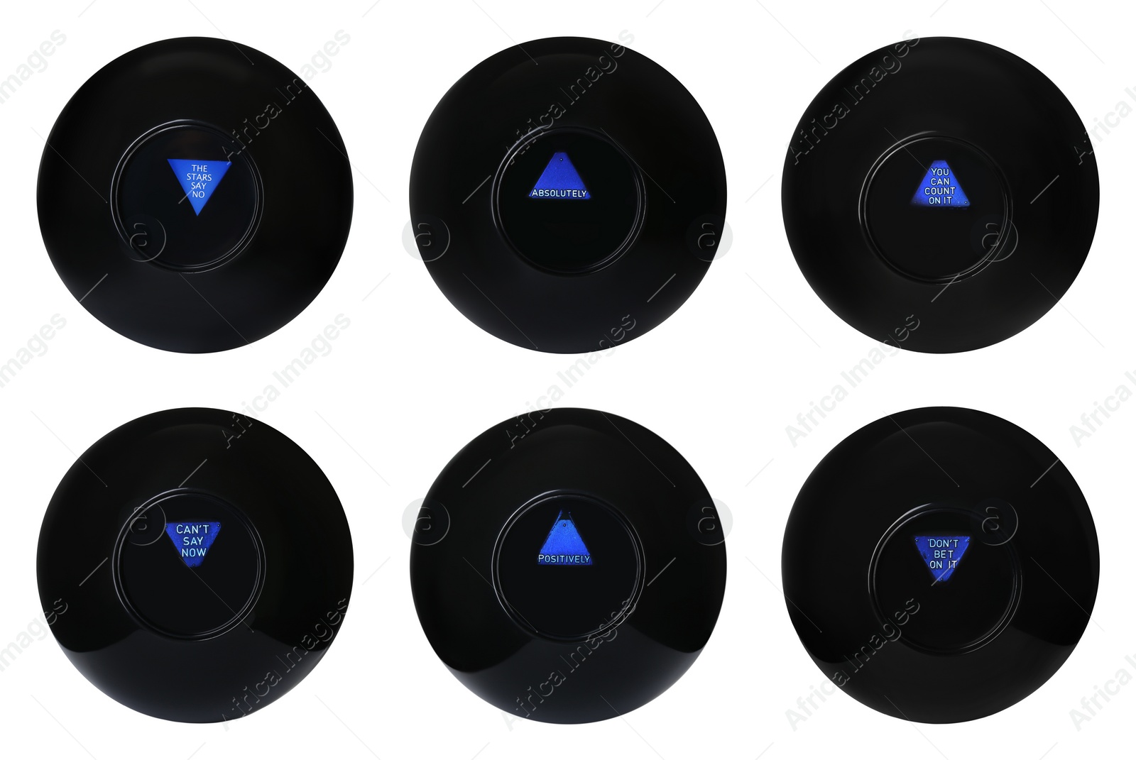 Image of Magic eight ball with different predictions isolated on white, collection