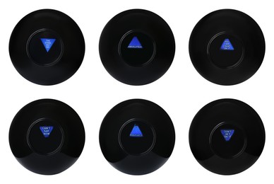 Image of Magic eight ball with different predictions isolated on white, collection