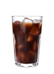 Glass with cold brew coffee on white background