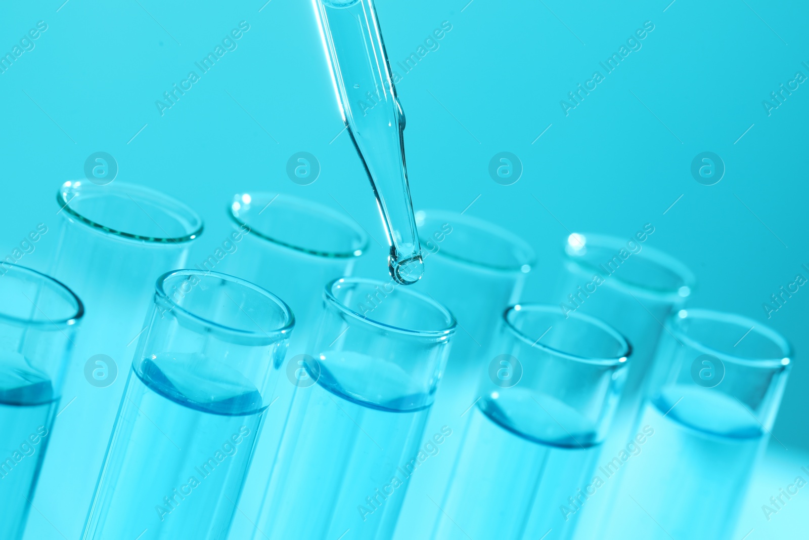 Photo of Dripping liquid from pipette into test tube on light blue background, closeup. Laboratory analysis