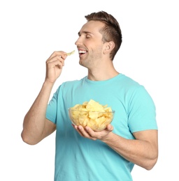 Photo of Man eating potato chips on white background