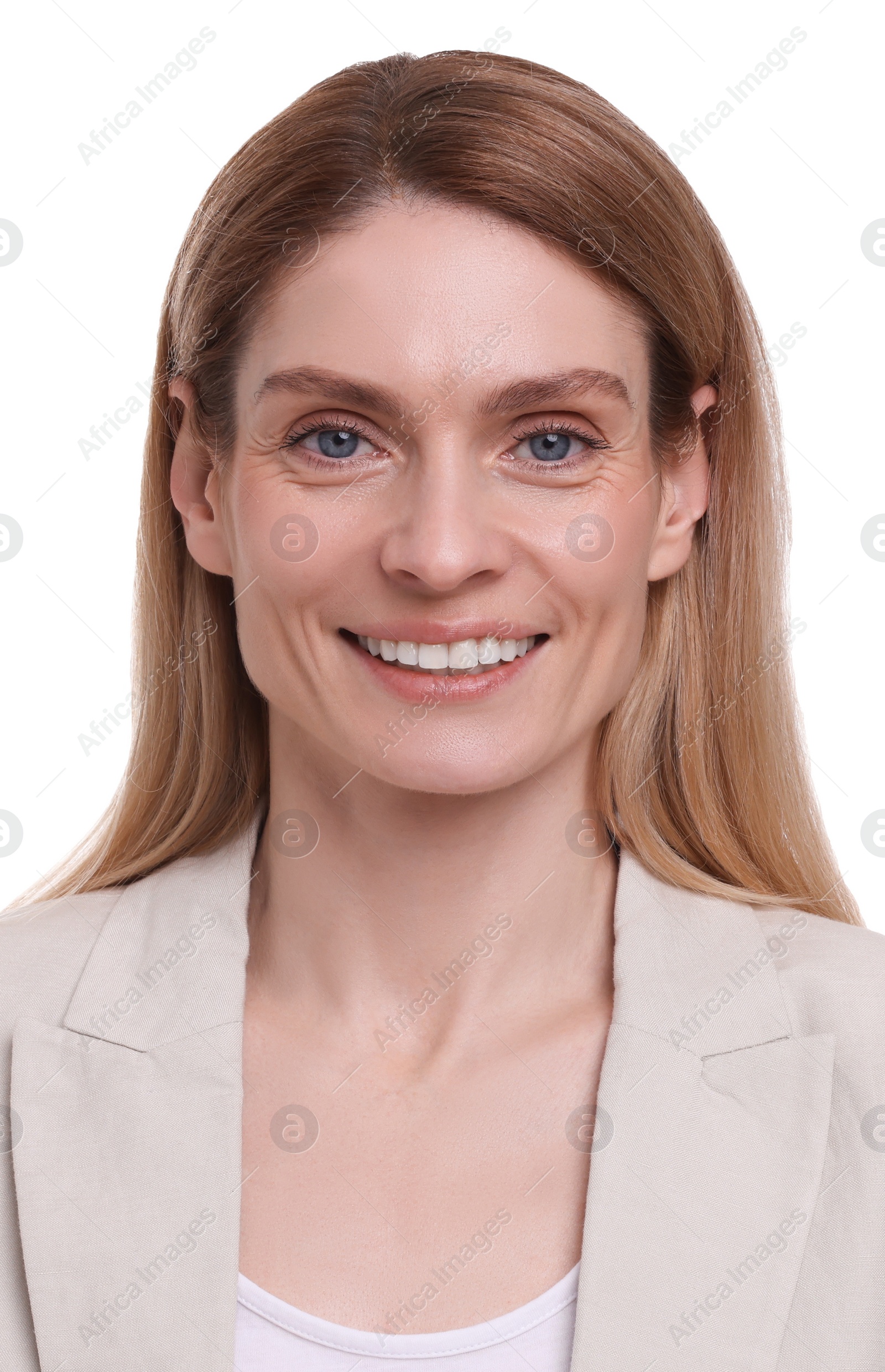 Image of Passport photo. Portrait of woman on white background