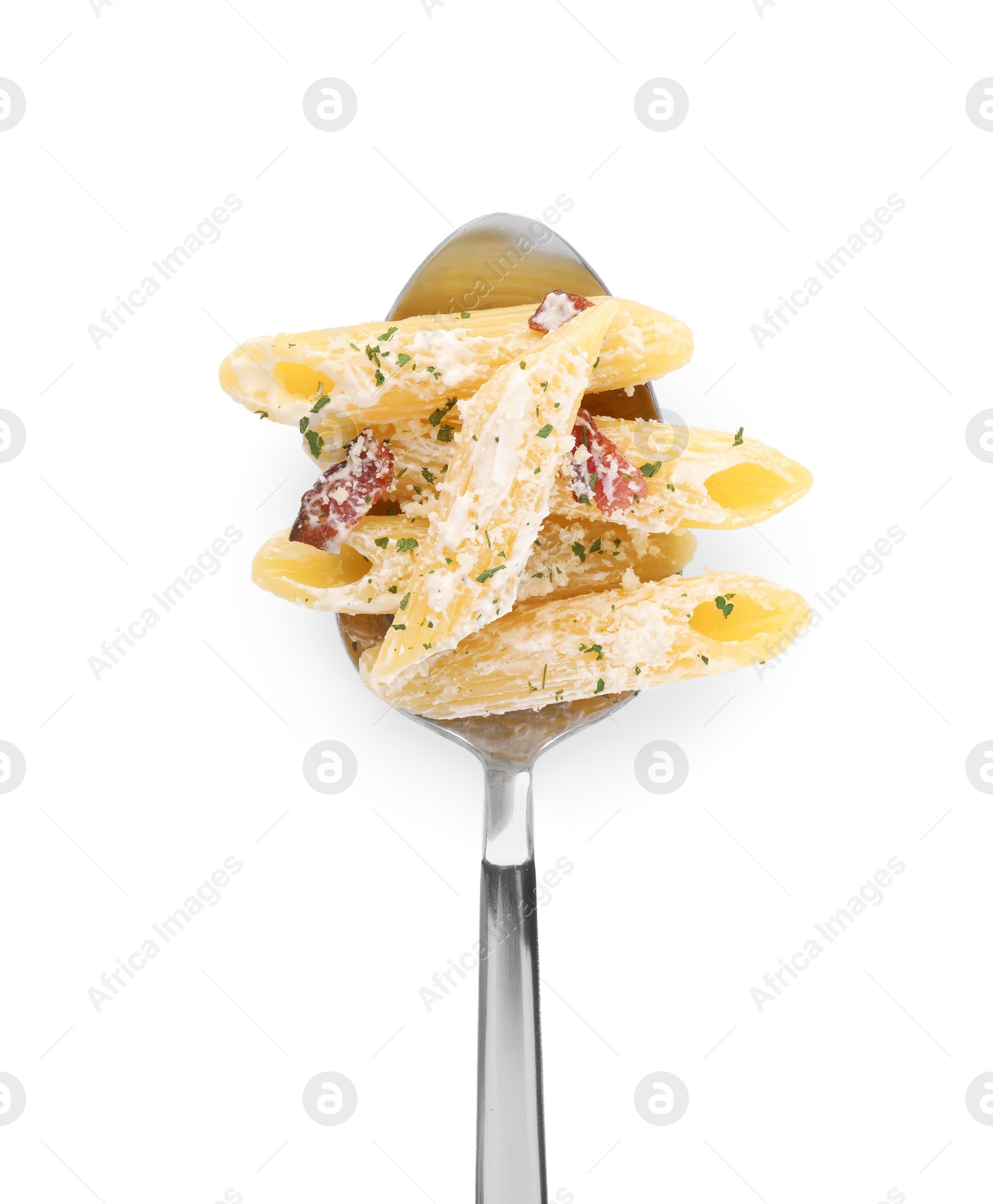 Photo of Spoon with tasty pasta isolated on white, top view