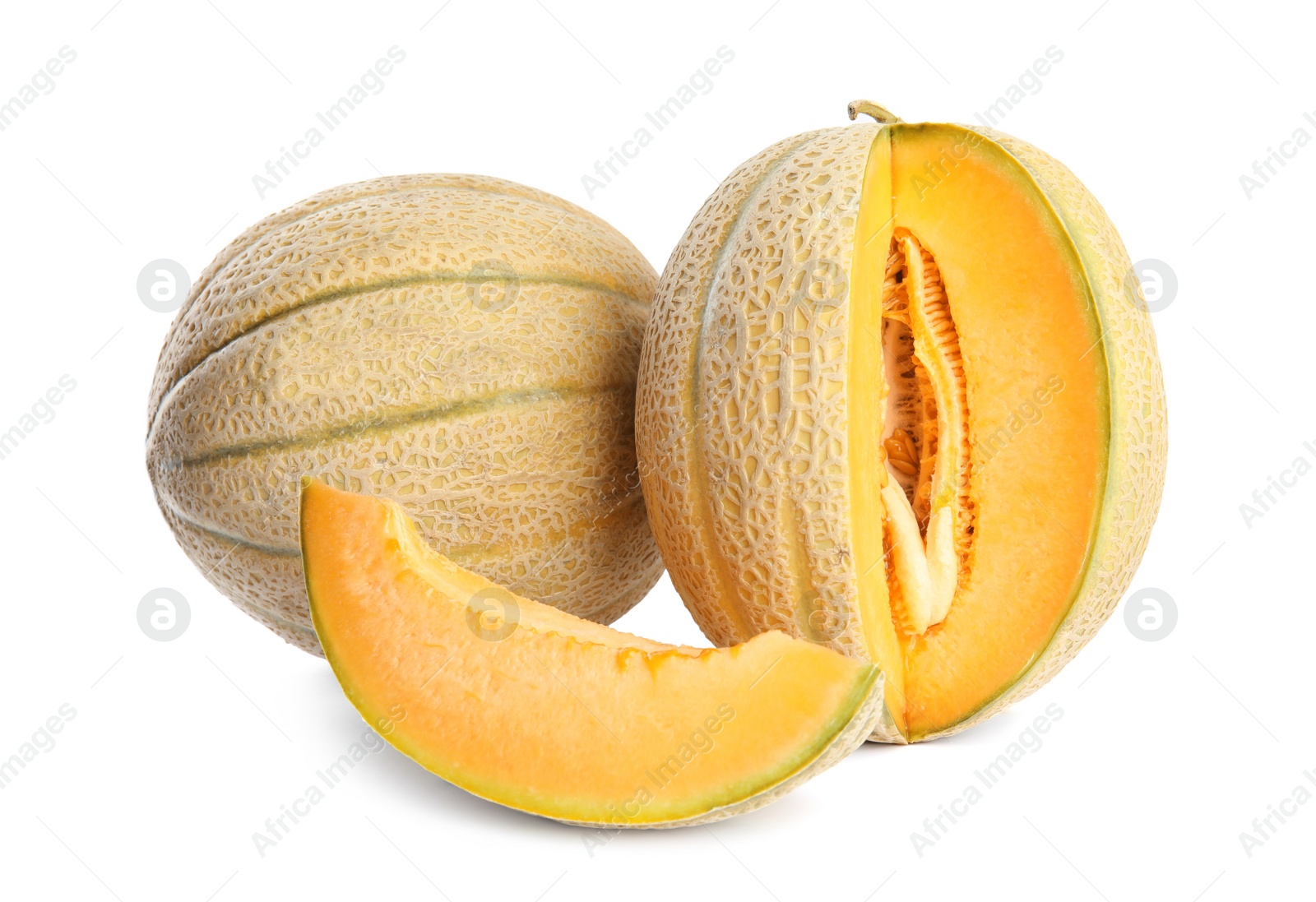 Photo of Tasty fresh cut and whole melons isolated on white