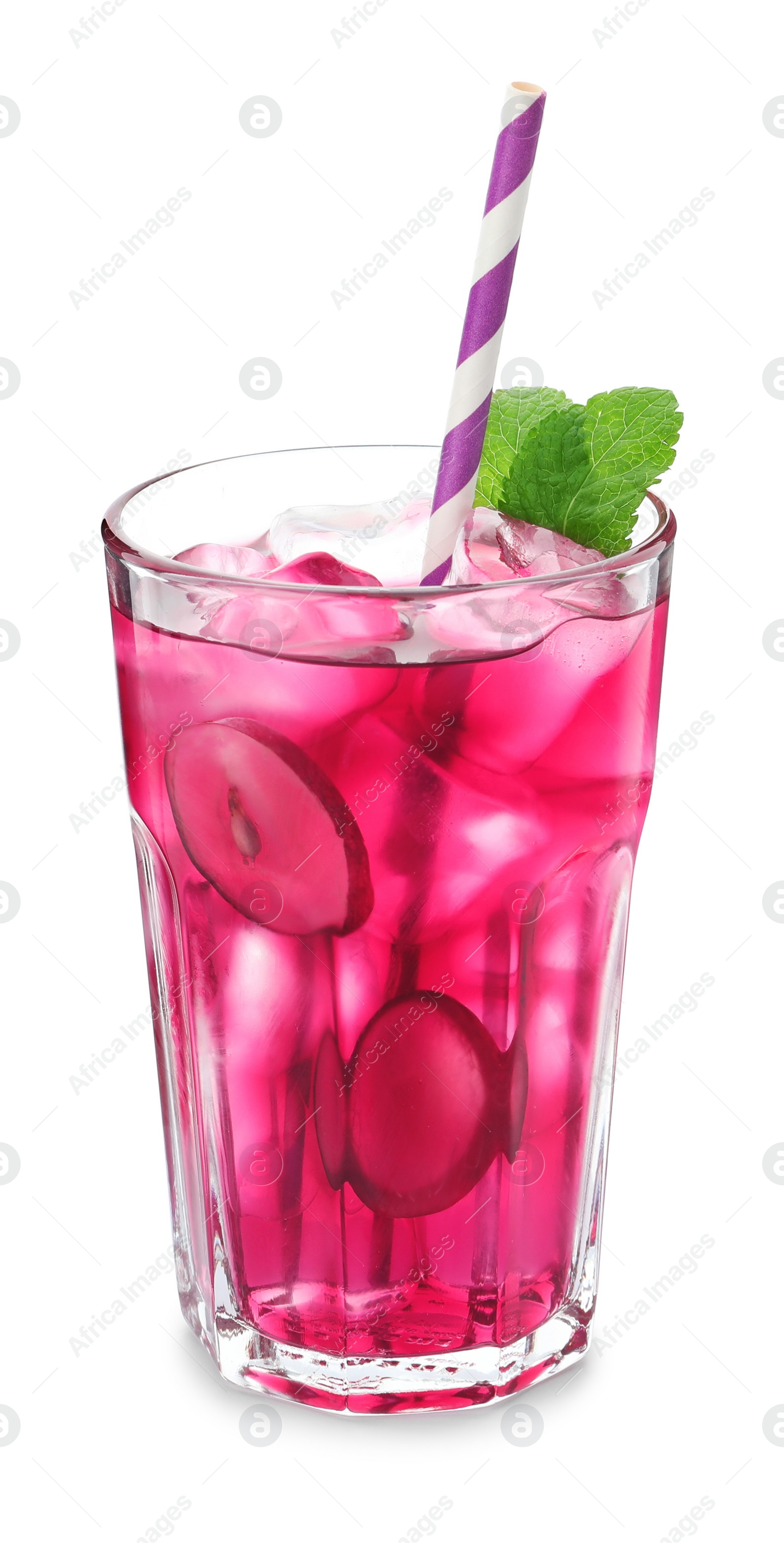 Photo of Delicious grape soda water isolated on white. Refreshing drink