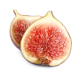 Photo of Halves of fresh fig fruit on white background