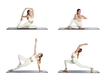 Image of Young woman practicing yoga on white background, collage 