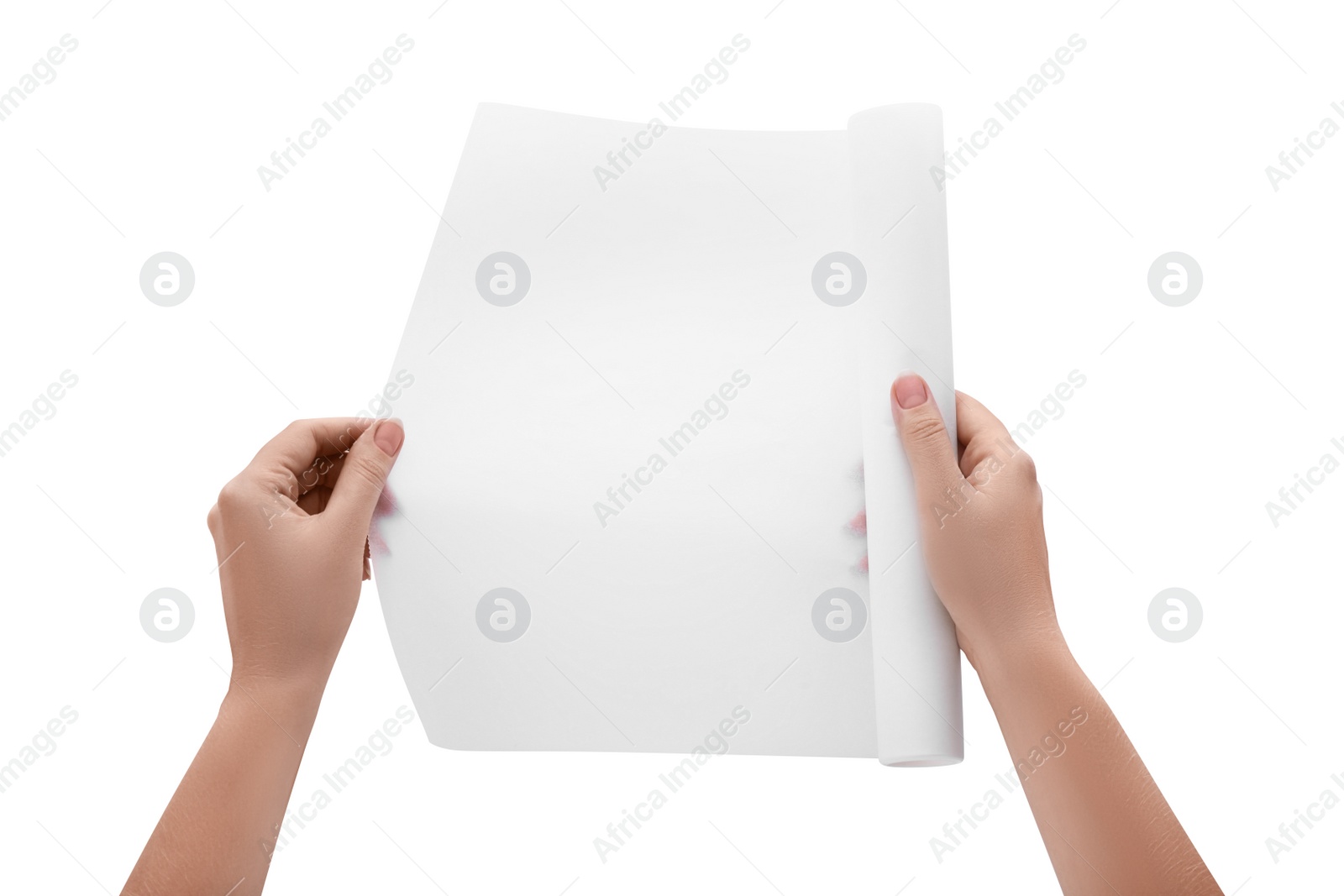 Photo of Woman holding baking paper on white background, closeup