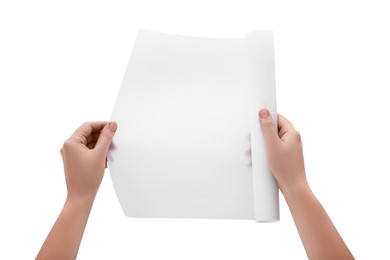 Photo of Woman holding baking paper on white background, closeup
