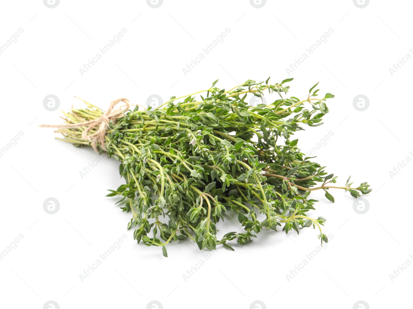 Photo of Bunch of aromatic thyme on white background. Fresh herb