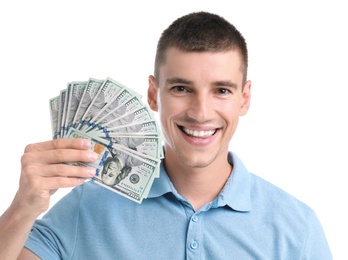 Photo of Handsome young man with dollars on white background