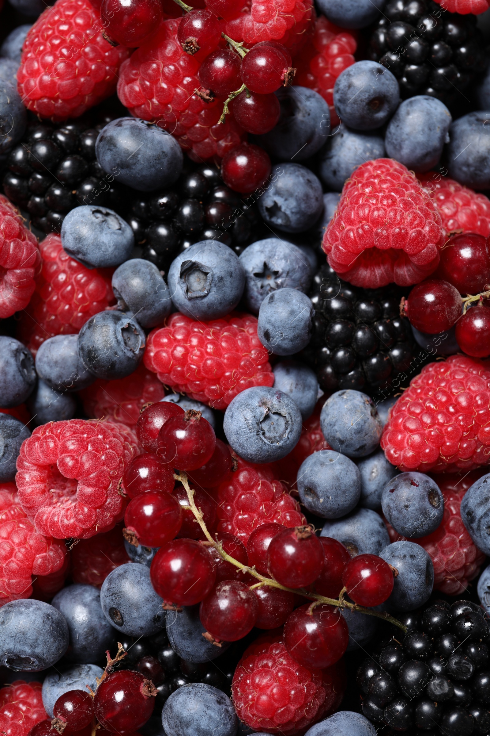 Photo of Assortment of fresh ripe berries as background, top view