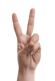 Woman showing v-sign on white background, closeup of hand