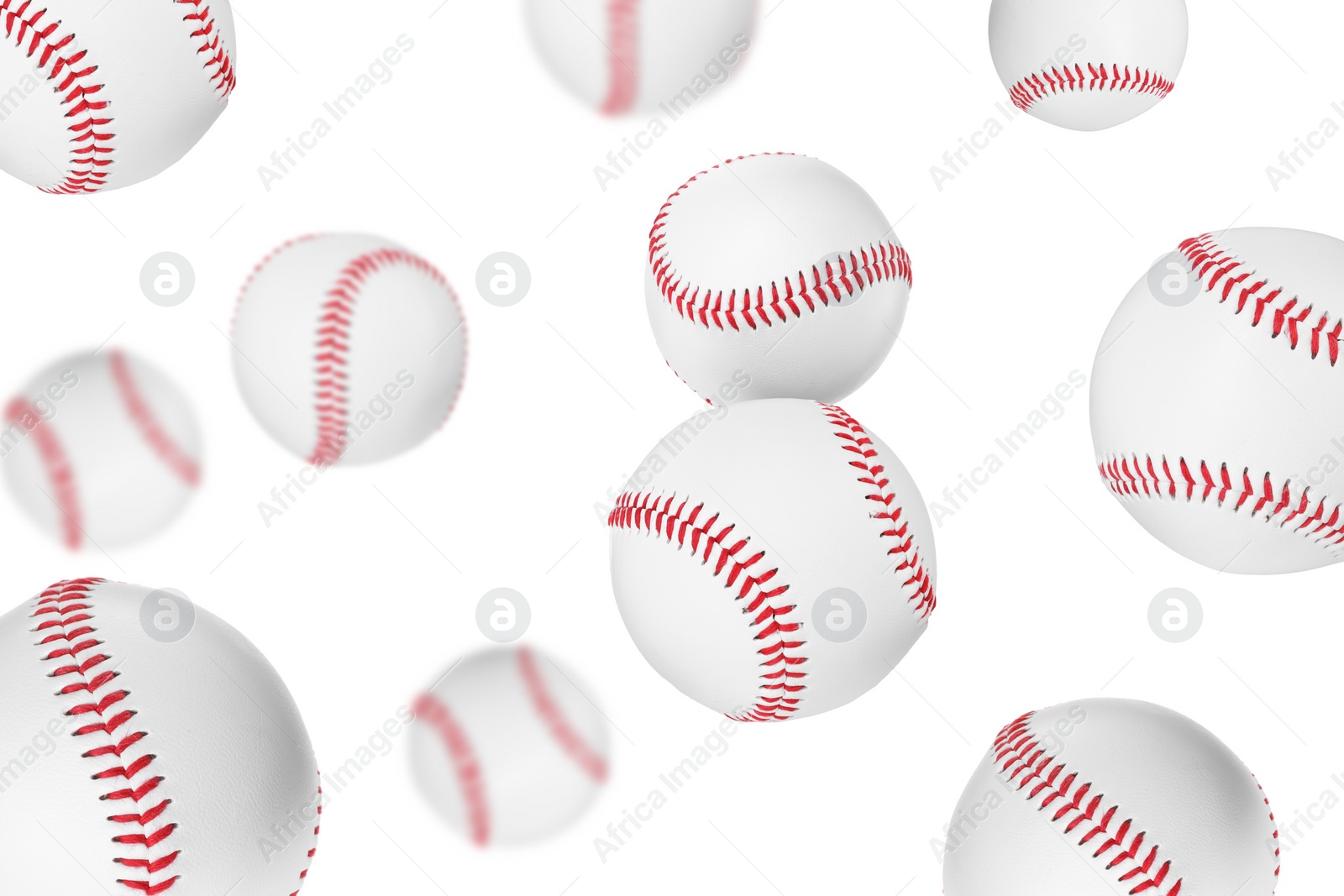 Image of Many baseball balls flying on white background