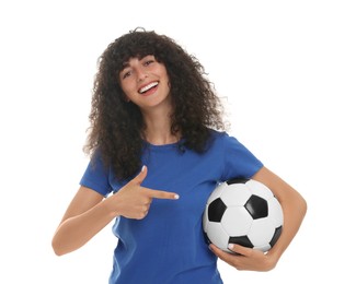 Happy fan showing soccer ball isolated on white