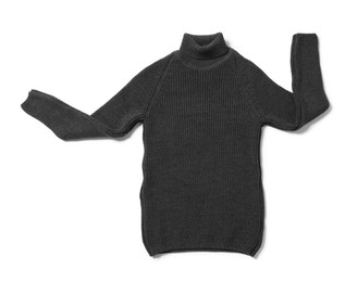 Photo of Stylish dark knitted sweater isolated on white, top view