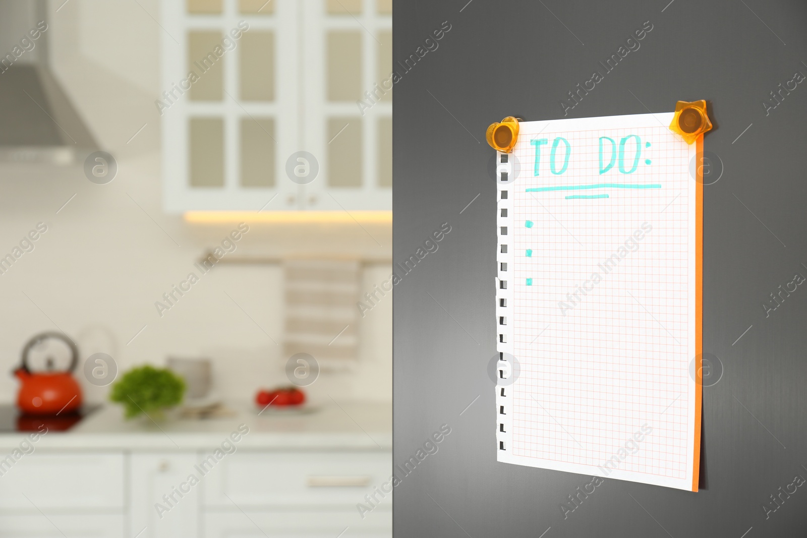 Photo of Blank To do list on fridge in kitchen. Space for text