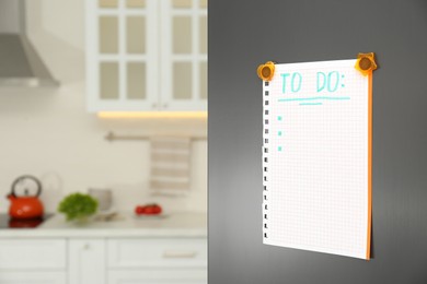 Photo of Blank To do list on fridge in kitchen. Space for text