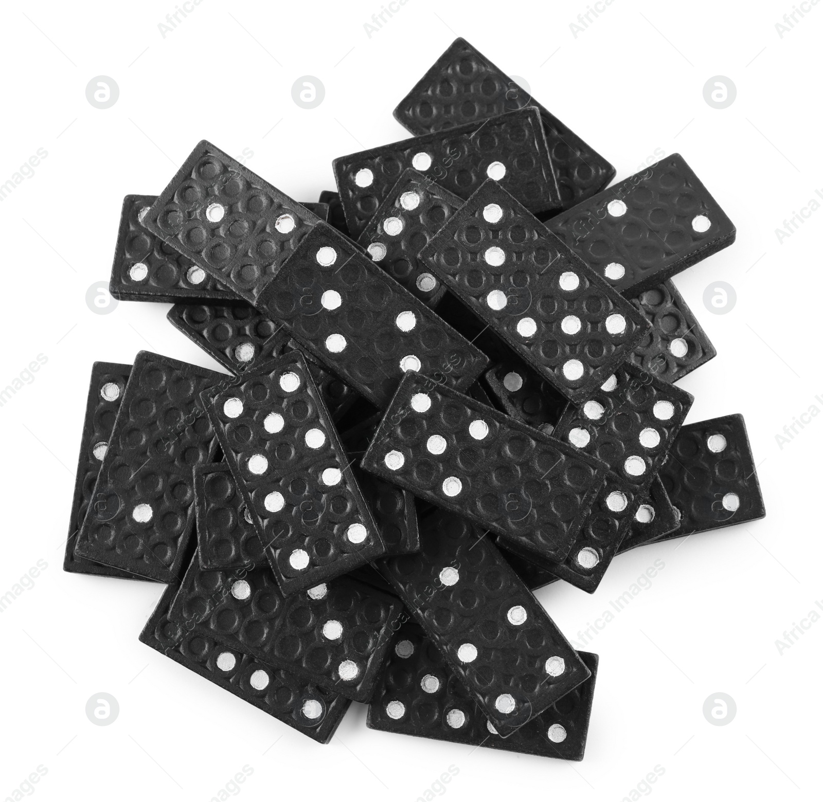 Photo of Pile of black domino tiles on white background, top view