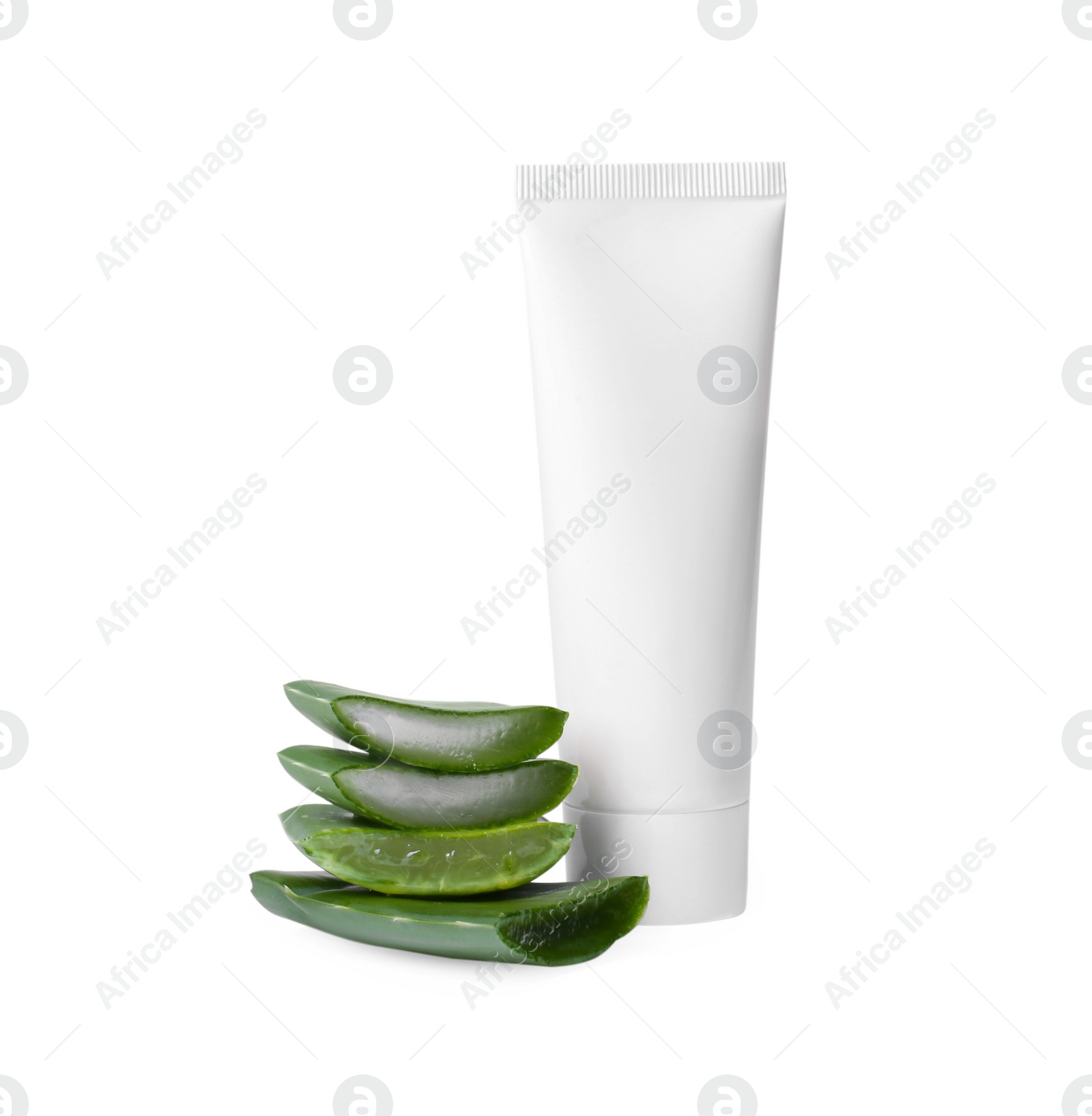 Photo of Aloe vera toothpaste in blank tube and green leaves isolated on white