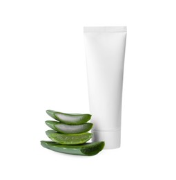 Aloe vera toothpaste in blank tube and green leaves isolated on white