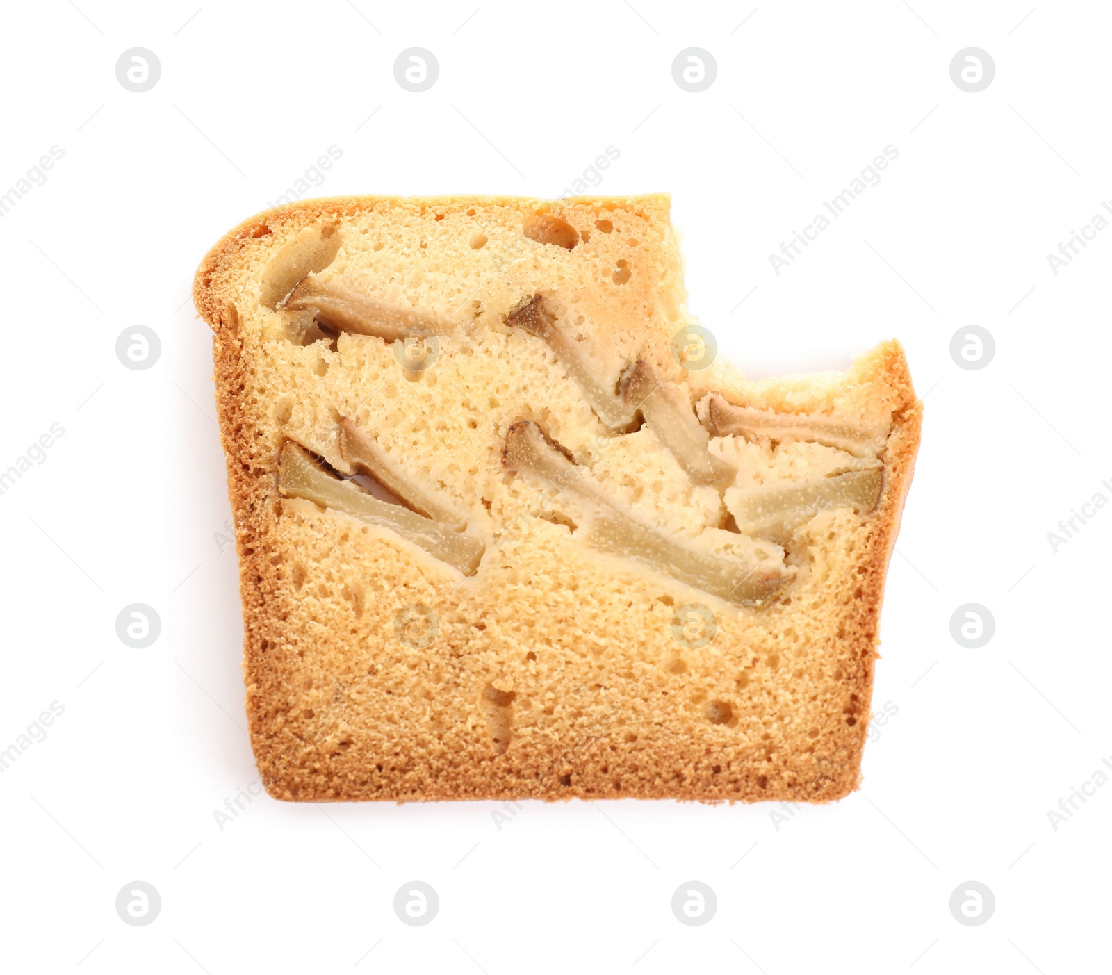 Photo of Bitten slice of tasty pear bread isolated on white, top view. Homemade cake