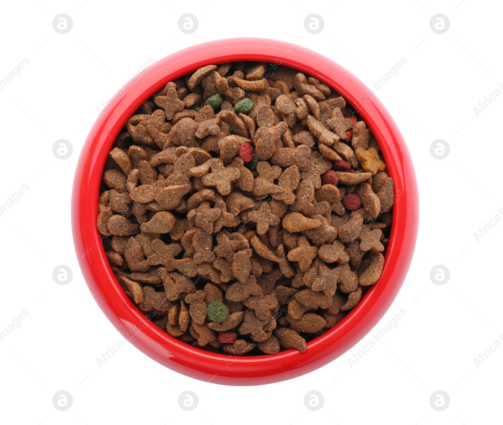 Photo of Bowl with food for cat or dog on white background. Pet care