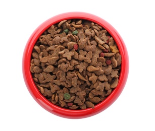Photo of Bowl with food for cat or dog on white background. Pet care