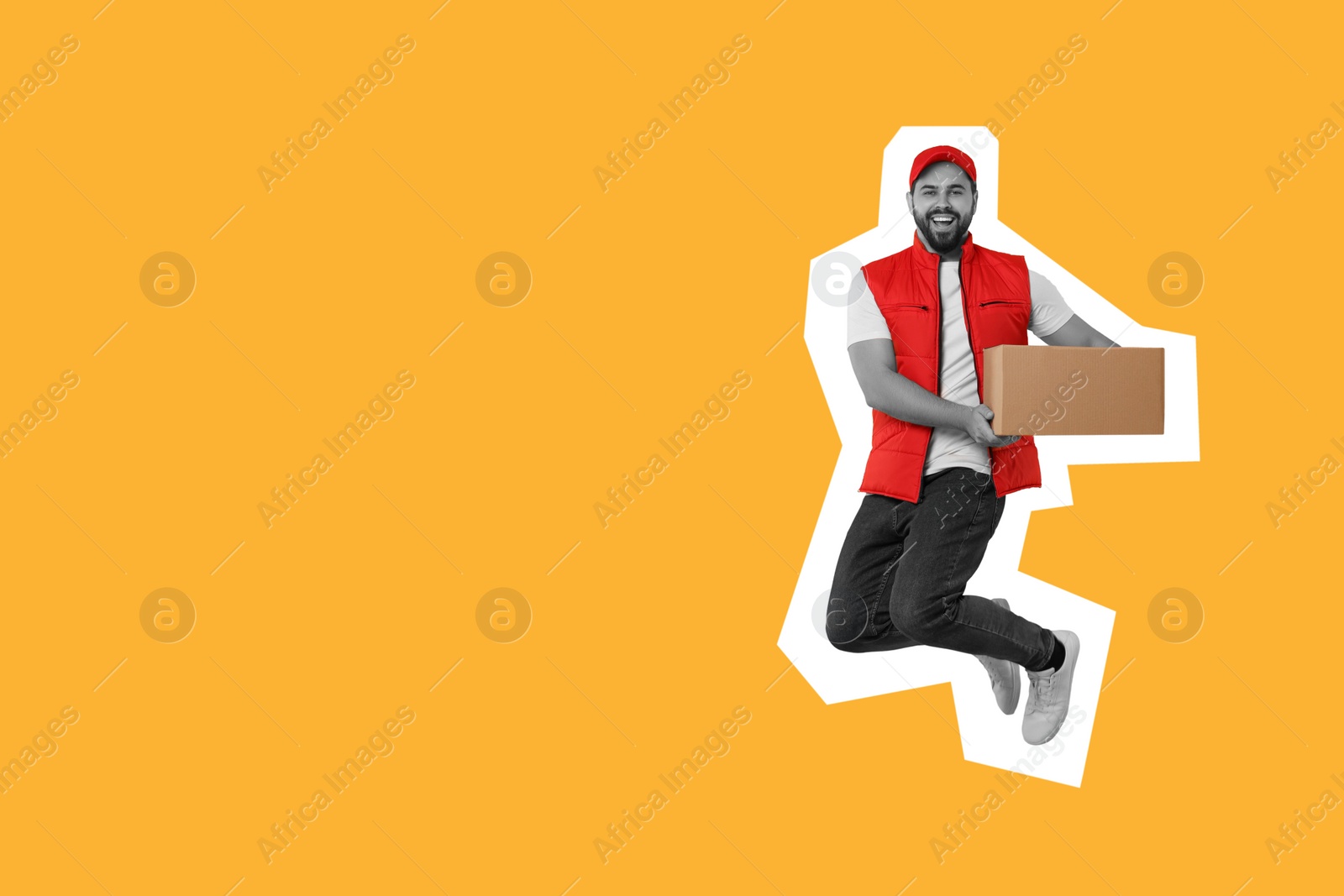 Image of Happy courier with parcel jumping on orange background, space for text